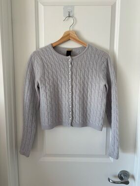 Women’s Light Gray Cable Knit Pearl-Button Cardigan Sweater - 100% Cashmere